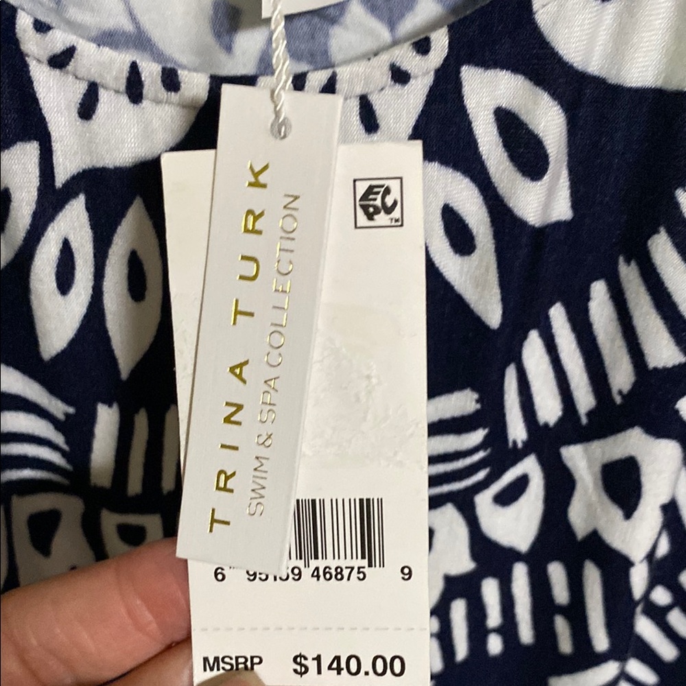 Trina Turk Indochine Swim &Spa Collection White &Blue Open Shoulder Swim Coverup - Picture 3 of 7